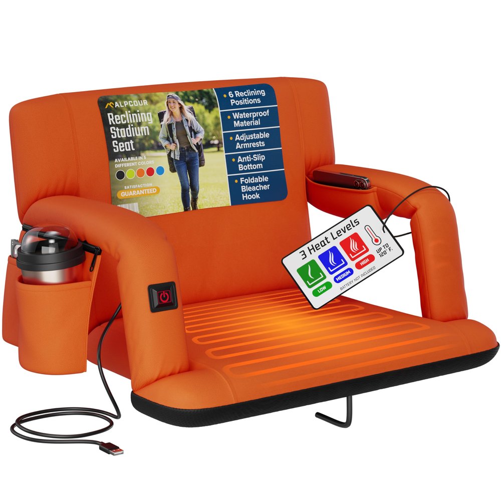 Alpcour Heated Reclining Stadium Seat for Bleachers  Wide Bleacher Chair with Back Support and Cushion, Armrests, Side Pockets, & Hook  Stadium Seats Chairs for Camping, Kayak, Paddle Board & More
