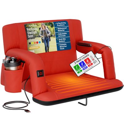 Alpcour Heated Reclining Stadium Seat for Bleachers  Wide Bleacher Chair with Back Support and Cushion, Armrests, Side Pockets, & Hook  Stadium Seats Chairs for Camping, Kayak, Paddle Board & More