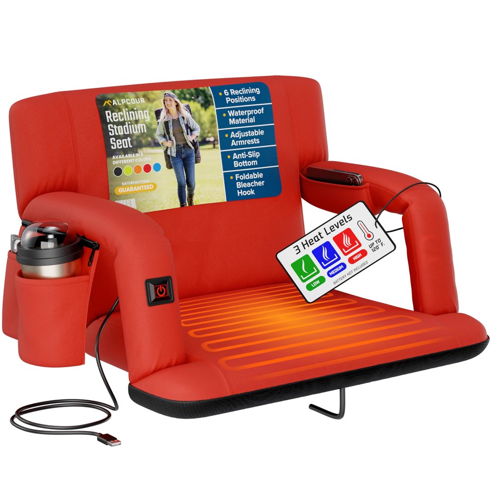 Alpcour Heated Reclining Stadium Seat for Bleachers  Wide Bleacher Chair with Back Support and Cushion, Armrests, Side Pockets, & Hook  Stadium Seats Chairs for Camping, Kayak, Paddle Board & More