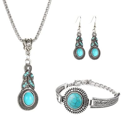 Fuqimanman2020 3pcs Ethnic Simulation Turquoise Set Butterfly Pendant Necklace Bohemian Stretchable Beaded Bracelet Bangle Teardrop for Women Boho Jewelry-Round