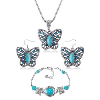 Fuqimanman2020 3pcs Ethnic Simulation Turquoise Set Butterfly Pendant Necklace Bohemian Stretchable Beaded Bracelet Bangle Teardrop for Women Boho Jewelry-Butterfly