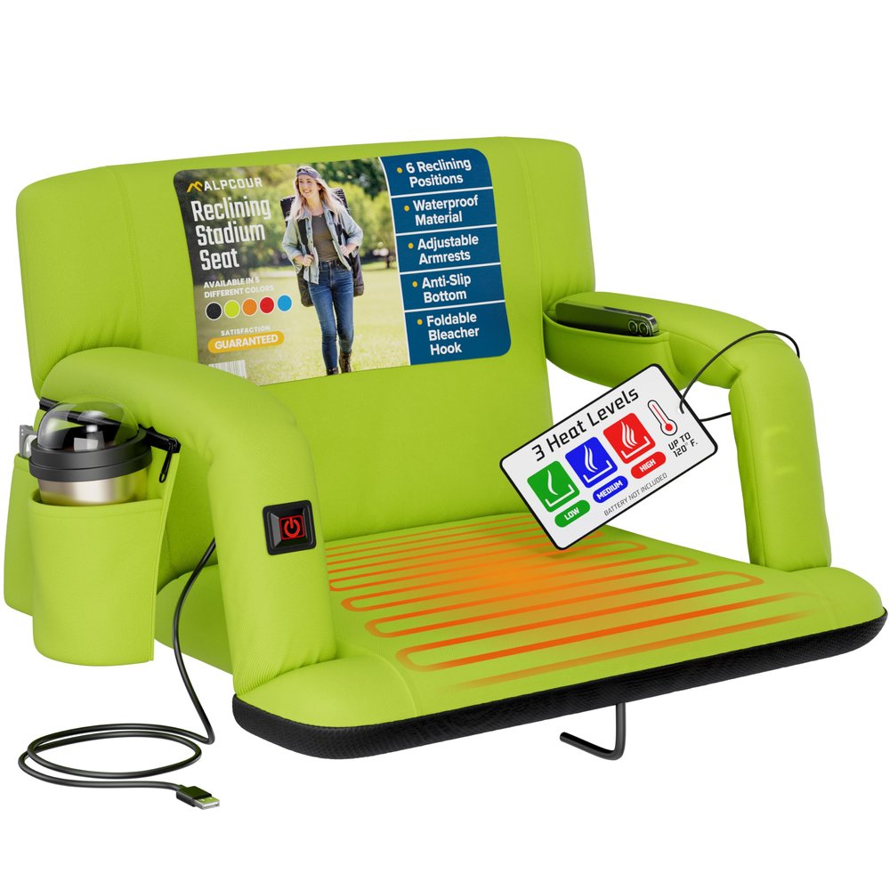 Alpcour Heated Reclining Stadium Seat for Bleachers  Wide Bleacher Chair with Back Support and Cushion, Armrests, Side Pockets, & Hook  Stadium Seats Chairs for Camping, Kayak, Paddle Board & More