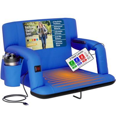 Alpcour Heated Reclining Stadium Seat for Bleachers  Wide Bleacher Chair with Back Support and Cushion, Armrests, Side Pockets, & Hook  Stadium Seats Chairs for Camping, Kayak, Paddle Board & More