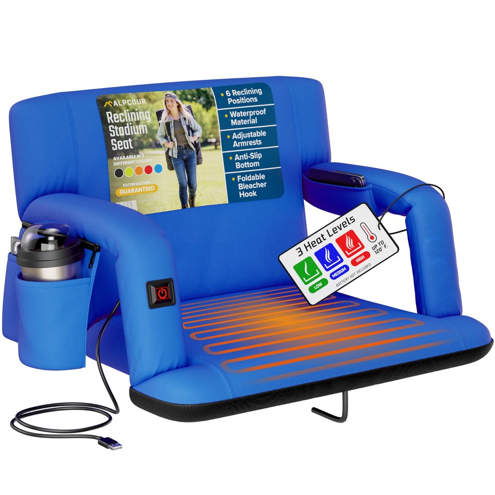 Alpcour Heated Reclining Stadium Seat for Bleachers  Wide Bleacher Chair with Back Support and Cushion, Armrests, Side Pockets, & Hook  Stadium Seats Chairs for Camping, Kayak, Paddle Board & More