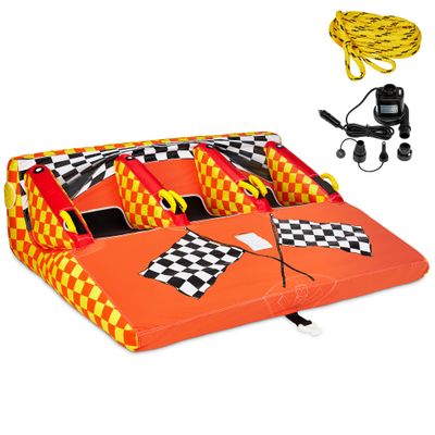 SUNNY & FUN Towable Water Tube - 3-Person Inflatable Floating Raft with Cushion Seats, Grip Handles, Dual Tow Points & Speed Safety Valve for Fast Inflation - 12V Air Pump & Tow Rope Included