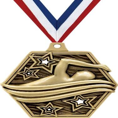 2.25" Swimming Medal Awards, Gold Masters Swimming Team Trophy Awards Includes Free Neck Ribbon 50 Pack Prime