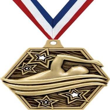 2.25" Swimming Medal Awards, Gold Masters Swimming Team Trophy Awards Includes Free Neck Ribbon 50 Pack Prime