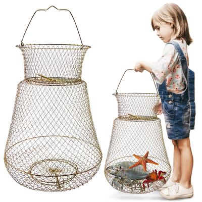 UCandy Galvanized Steel Wire Fish Baskets, Portable Fishing Basket for Fish Outdoor,Collapsible Wire Fish BasketsMinnow Bucket. (Gold, 15X23 INCH)
