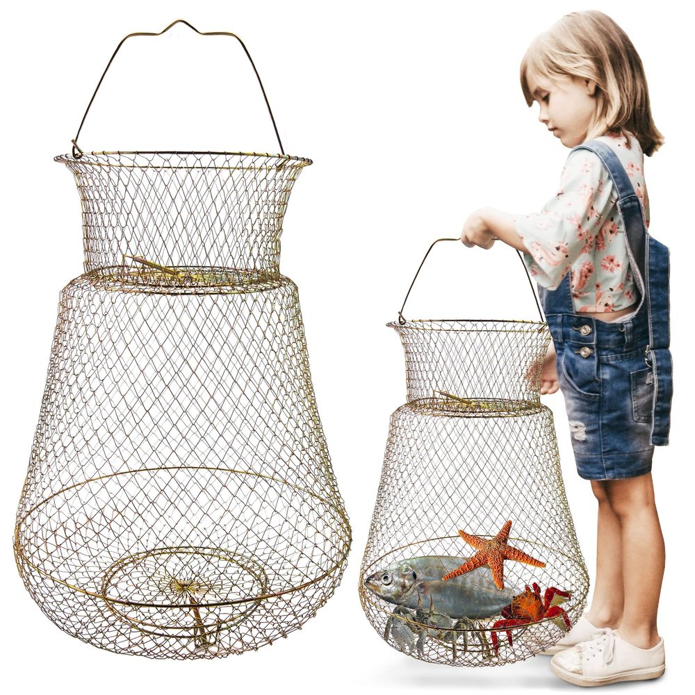 UCandy Galvanized Steel Wire Fish Baskets, Portable Fishing Basket for Fish Outdoor,Collapsible Wire Fish BasketsMinnow Bucket. (Gold, 15X23 INCH)