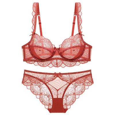 Guoeappa Women's Lace Bra and Panty Sets Underwired Sexy Lingerie Set Push Up Sheer BrasLight Red,34C