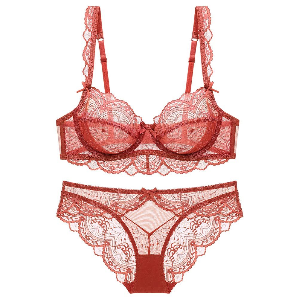 Guoeappa Women's Lace Bra and Panty Sets Underwired Sexy Lingerie Set Push Up Sheer BrasLight Red,34C