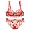 Guoeappa Women's Lace Bra and Panty Sets Underwired Sexy Lingerie Set Push Up Sheer BrasLight Red,34C view 1