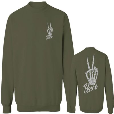 0473. Dope Peace Bones Hand Sign Hippie Kindness Stop no war antiwar Summer Men's Crewneck Sweatshirt (Olive Large)