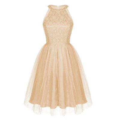 Loloda Women's Sleeveless Halter Lace Floral Wedding Cocktail Party Formal Dress Bridesmaid Dresses Champagne 10