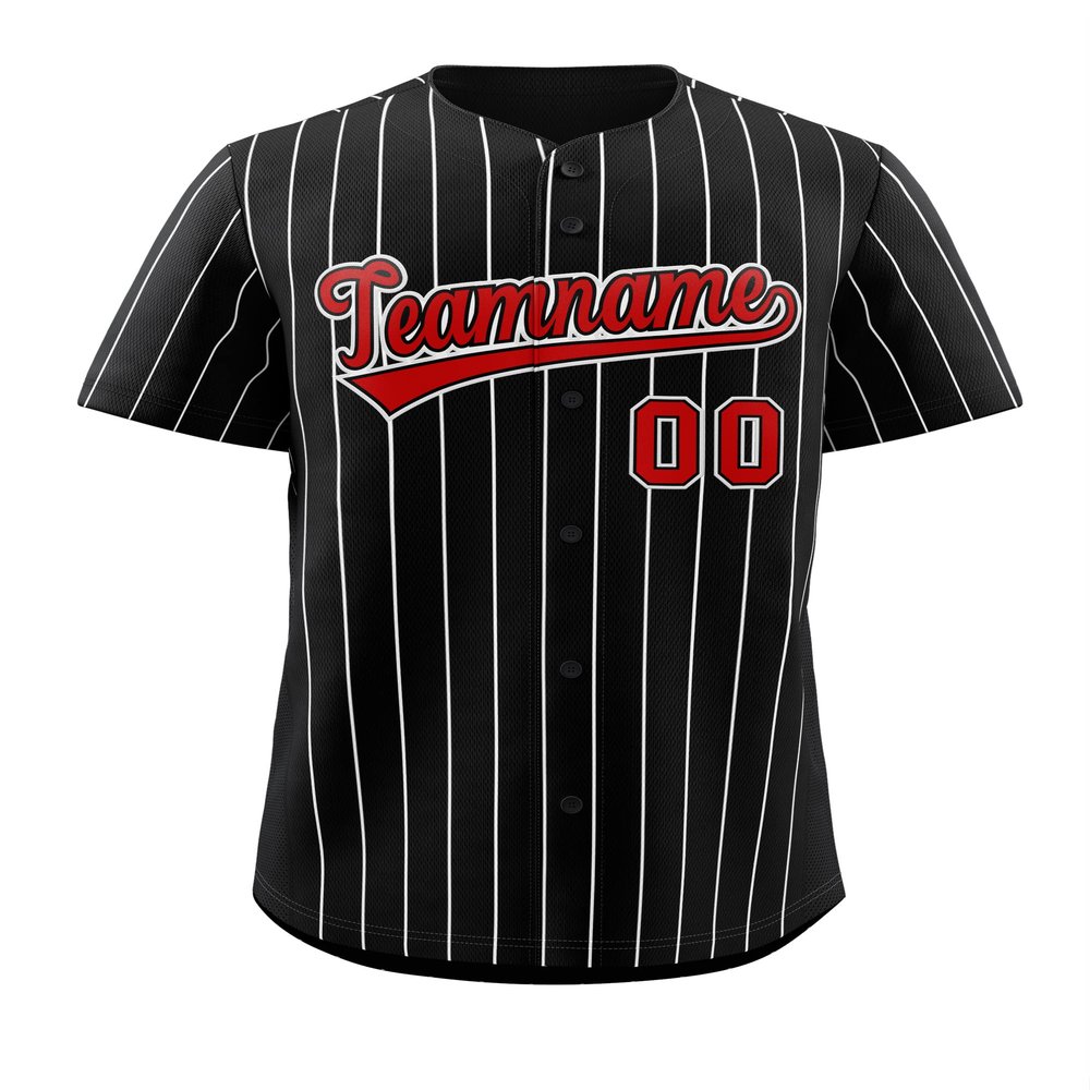 Custom Pinstripe Baseball Jersey Button Down Shirt Printed or Stitched Personalized Name Number for Men/Women/Youth Black/White Stripes/Red-16
