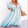 CHARTOU Women's Sexy Deep V Neck Pleated Maxi Dress Pocket Cutout Hollow Out Beach Flowy Sundress (One Size,Sky Blue) view 2