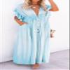 CHARTOU Women's Sexy Deep V Neck Pleated Maxi Dress Pocket Cutout Hollow Out Beach Flowy Sundress (One Size,Sky Blue) view 4