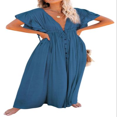 CHARTOU Women's Sexy Deep V Neck Pleated Maxi Dress Pocket Cutout Hollow Out Beach Flowy Sundress (One Size,Blue)