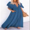 CHARTOU Women's Sexy Deep V Neck Pleated Maxi Dress Pocket Cutout Hollow Out Beach Flowy Sundress (One Size,Blue) view 3