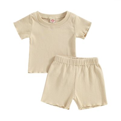 Kupretty 2Pcs Toddlers Baby Girls Summer Clothes Set Ruffle Ribbed Knit Short Sleeves T-Shirt Tops Shorts Cotton Outfits (Beige, 4-5 Years)