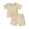 Kupretty 2Pcs Toddlers Baby Girls Summer Clothes Set Ruffle Ribbed Knit Short Sleeves T-Shirt Tops Shorts Cotton Outfits (Beige, 4-5 Years) view 1