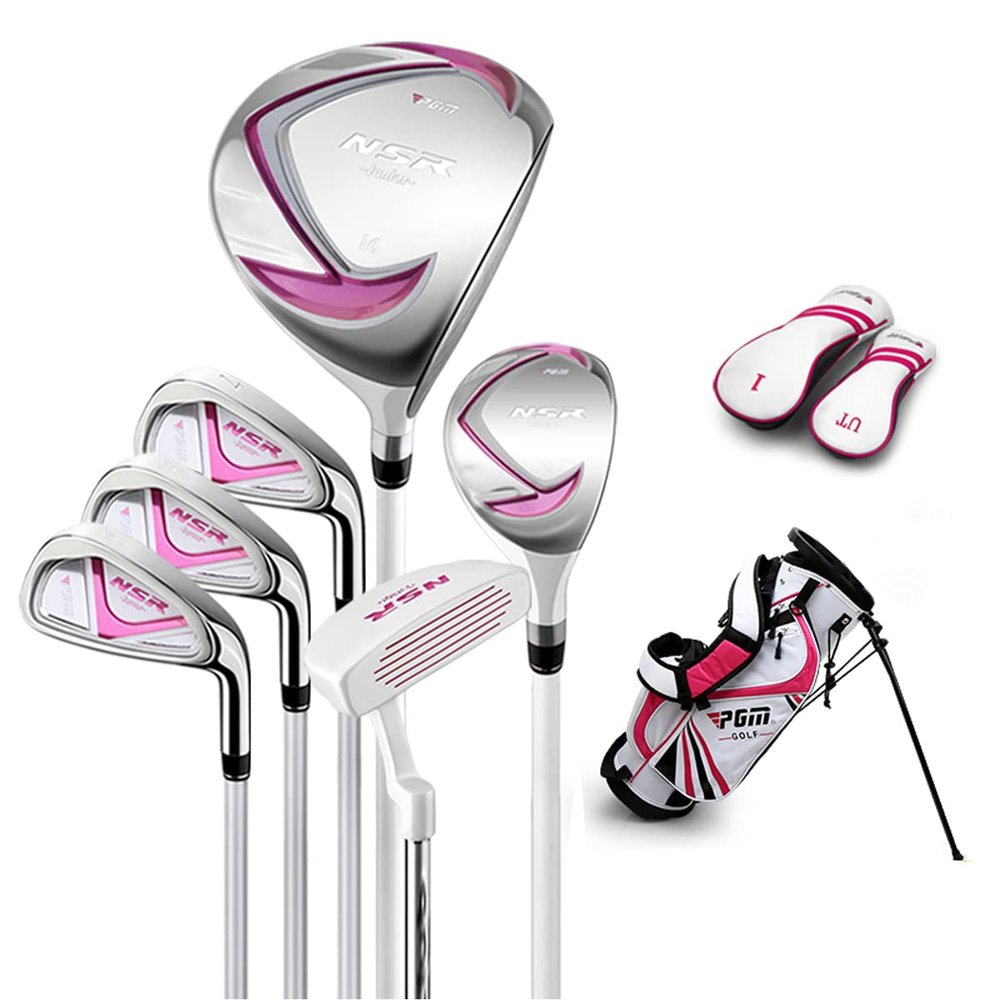 PGM Junior Golf Club Complete Set Includes Driver, Hybrid, 7, 9, Wedge Irons, Putter, Stand Bag Right Handed for Children Kids 3-5, 6 Pieces Youth Golf Clubs with 2 Headcovers for Boys & Girls