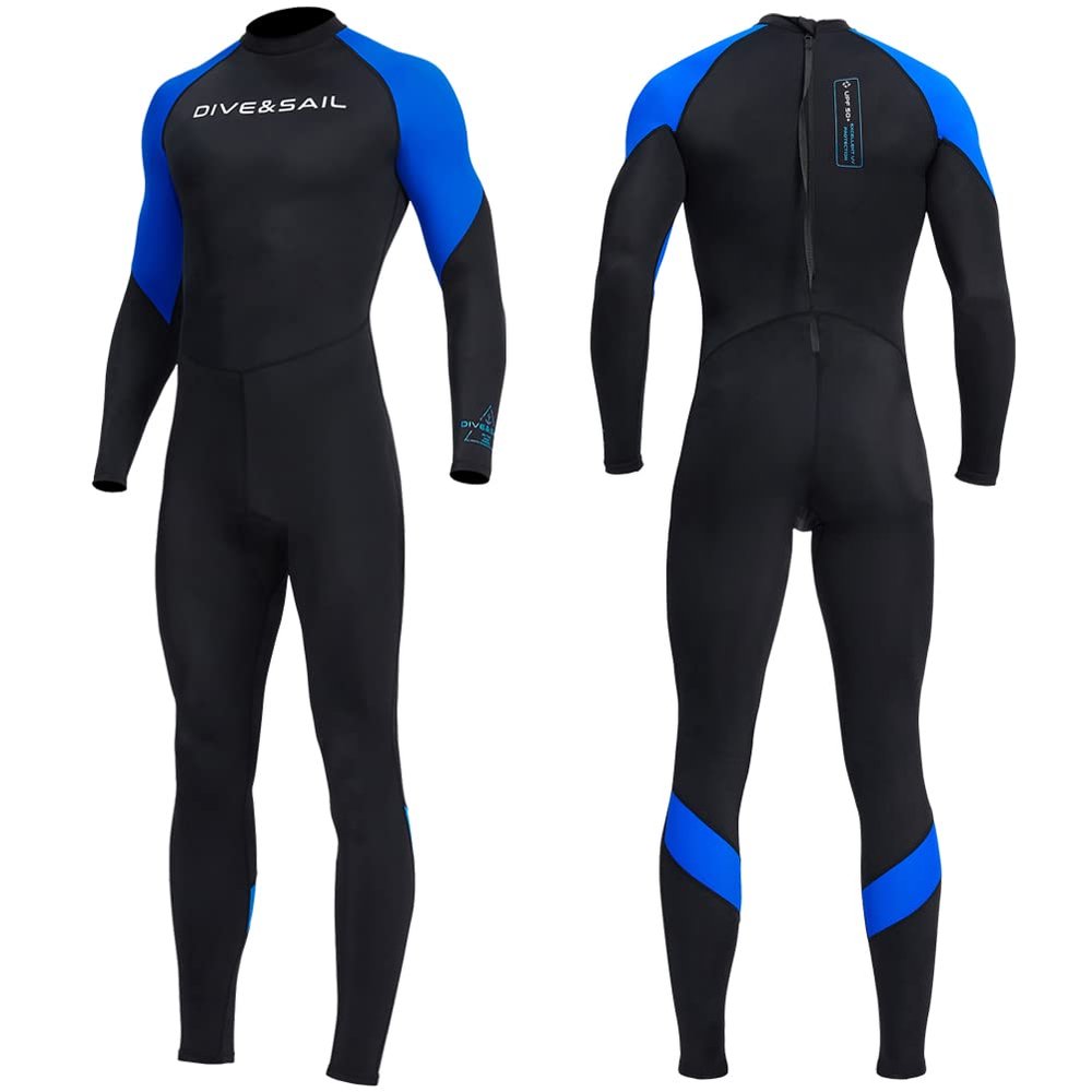 Dive Skins for Women Men Full Body Swimsuit Rash Guard Scuba Skin Thin Wetsuit, One Piece Long Sleeve Quick Dry Diving Skin UV Protection Surfing Spandex Wet Suit for Water Sport (2XL, Men-Blue)
