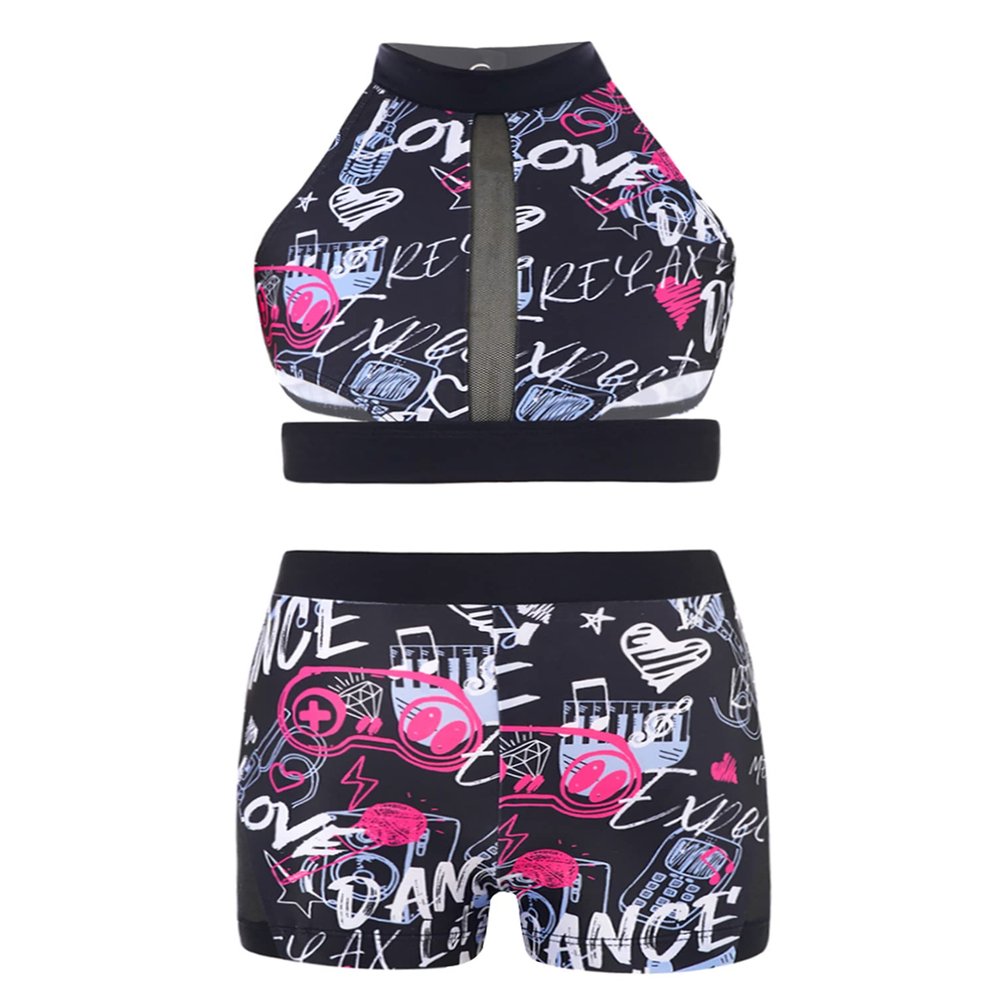 dPois Children Little Girl Activewear Sleevelss Crop Tank Tops Athletic Shorts Suit Sportswear Dancewear Running Suit Black 14 Years