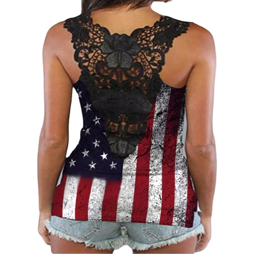 4Th of July Tank Tops Shirts for Women American US Flag Sleeveless Open Back Lace Cutout Top,A,L