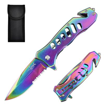 XIPHIAS 4-in-1 Tactical Folding Pocket Knife with Glass Breaker Seatbelt Cutter - 3.15" Serrated Blade EDC Survival Tool for Men Women Camping Hiking Emergency - Nice Gift for Valentine's Day BirthdayColor