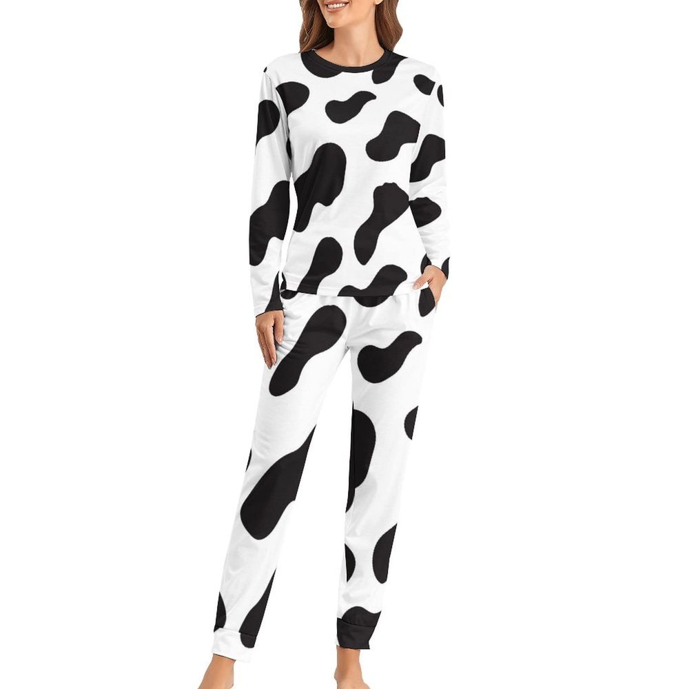 Elegant Casual Cow Print Black and White Color Matching Womens Pajamas Two Piece Set for Women Girl's Summer Sun Beach XL