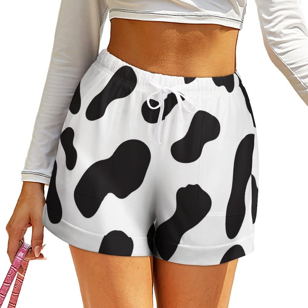 Elegant Casual Cow Print Black and White Color Matching High Waist Loose Shorts for Women Girl's Summer Sun Beach 3XL