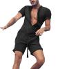 BETORY Men's Cotton Linen Zipper Pocket One Piece Jumpsuits Loose Fit Solid Color Playsuits Romper Coverall with Pockets Black, XX-Large view 1
