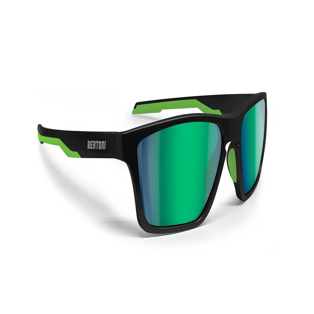 Bertoni Sport Polarized Sunglasses for Men Women in TR90 100% UV Block mod. Fulvio (Matt Black - Green Mirror Lenses)