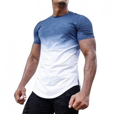 Mens Fashion Athletic Shirts Short Sleeve Crewneck Gradient T-Shirt Slim Fit Muscle Gym Top Curved Split Hem Casual Tees Blue