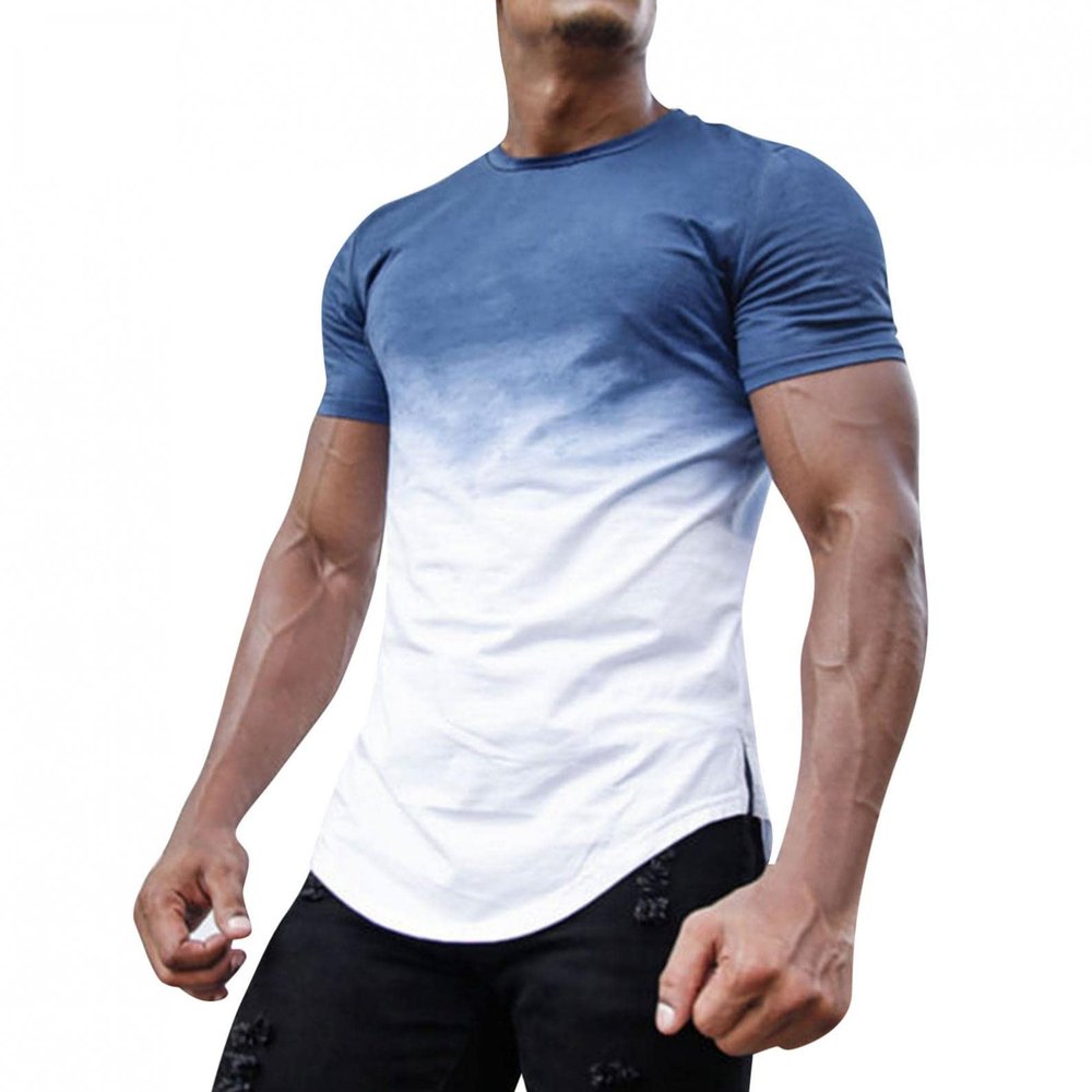 Mens Fashion Athletic Shirts Short Sleeve Crewneck Gradient T-Shirt Slim Fit Muscle Gym Top Curved Split Hem Casual Tees Blue