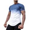Mens Fashion Athletic Shirts Short Sleeve Crewneck Gradient T-Shirt Slim Fit Muscle Gym Top Curved Split Hem Casual Tees Blue view 1