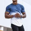 Mens Fashion Athletic Shirts Short Sleeve Crewneck Gradient T-Shirt Slim Fit Muscle Gym Top Curved Split Hem Casual Tees Blue view 2