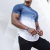 Mens Fashion Athletic Shirts Short Sleeve Crewneck Gradient T-Shirt Slim Fit Muscle Gym Top Curved Split Hem Casual Tees Blue view 3