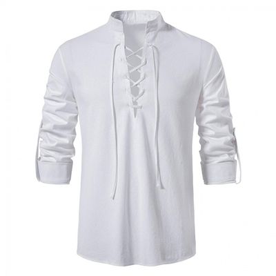 Men's Cotton Linen Shirts Casual Hippie Lace Up Beach Tee Shirts V Neck Rolled Sleeve Loose Fit Summer Vintage Yoga Tops White