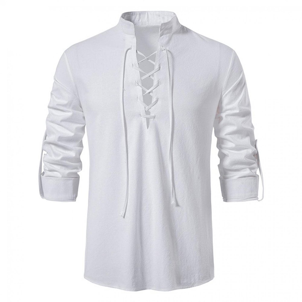 Men's Cotton Linen Shirts Casual Hippie Lace Up Beach Tee Shirts V Neck Rolled Sleeve Loose Fit Summer Vintage Yoga Tops White