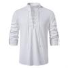 Men's Cotton Linen Shirts Casual Hippie Lace Up Beach Tee Shirts V Neck Rolled Sleeve Loose Fit Summer Vintage Yoga Tops White view 1