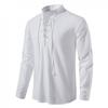 Men's Cotton Linen Shirts Casual Hippie Lace Up Beach Tee Shirts V Neck Rolled Sleeve Loose Fit Summer Vintage Yoga Tops White view 2