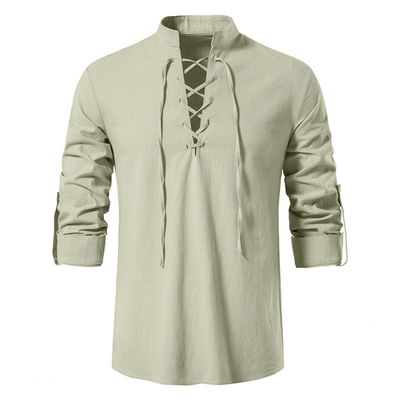Men's Cotton Linen Shirts Casual Hippie Lace Up Beach Tee Shirts V Neck Rolled Sleeve Loose Fit Summer Vintage Yoga Tops Khaki