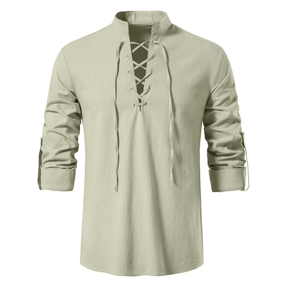Men's Cotton Linen Shirts Casual Hippie Lace Up Beach Tee Shirts V Neck Rolled Sleeve Loose Fit Summer Vintage Yoga Tops Khaki