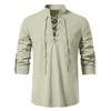 Men's Cotton Linen Shirts Casual Hippie Lace Up Beach Tee Shirts V Neck Rolled Sleeve Loose Fit Summer Vintage Yoga Tops Khaki view 1