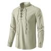 Men's Cotton Linen Shirts Casual Hippie Lace Up Beach Tee Shirts V Neck Rolled Sleeve Loose Fit Summer Vintage Yoga Tops Khaki view 2