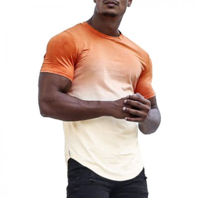 Mens Fashion Athletic Shirts Short Sleeve Crewneck Gradient T-Shirt Slim Fit Muscle Gym Top Curved Split Hem Casual Tees Orange