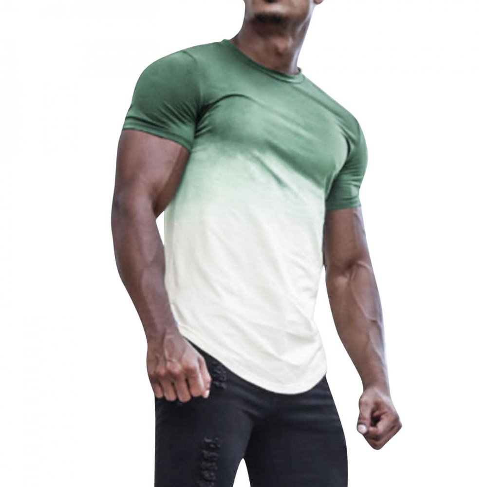Mens Fashion Athletic Shirts Short Sleeve Crewneck Gradient T-Shirt Slim Fit Muscle Gym Top Curved Split Hem Casual Tees Green