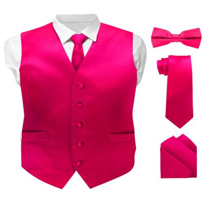 Vittorio Farina Solid Color Satin Suit Vest for Men Set of 4 - Vest, Tie, Bow Tie & Pocket Square (Hot Pink)